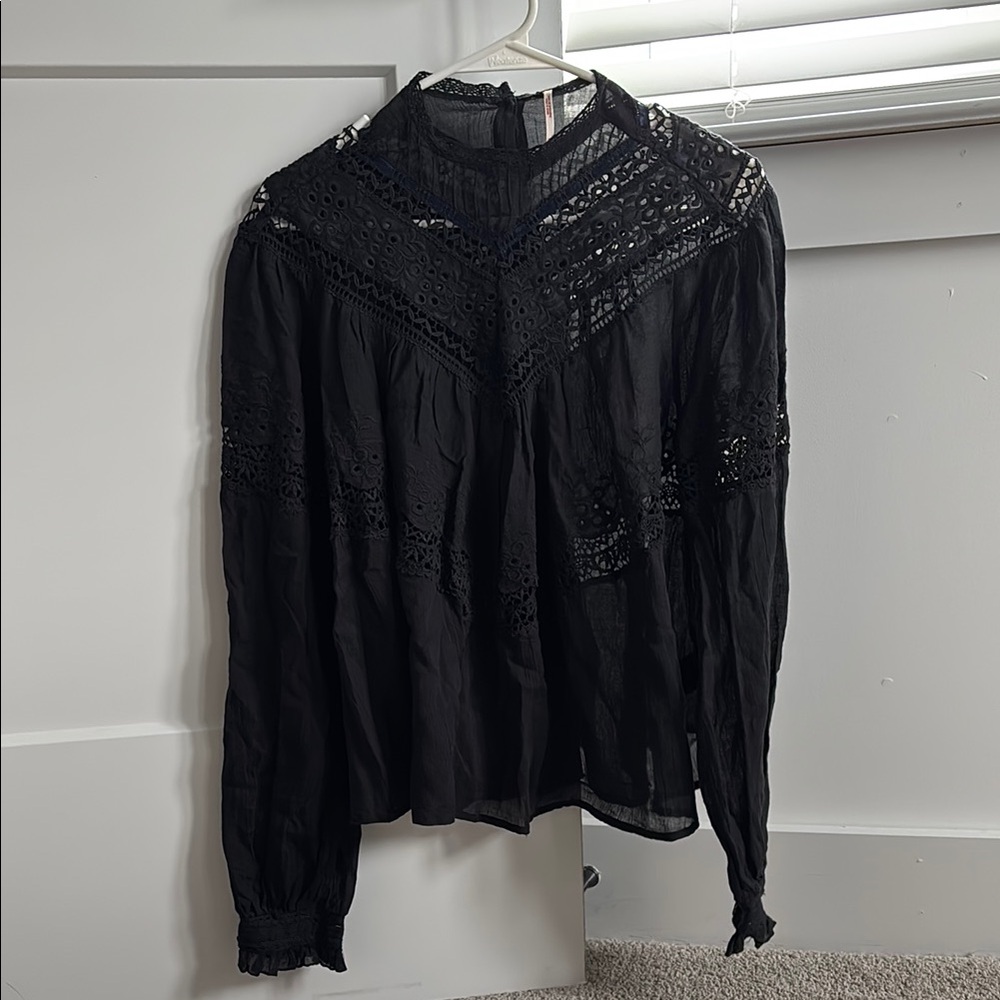 Free People Black Embellished Long Sleeve Blouse